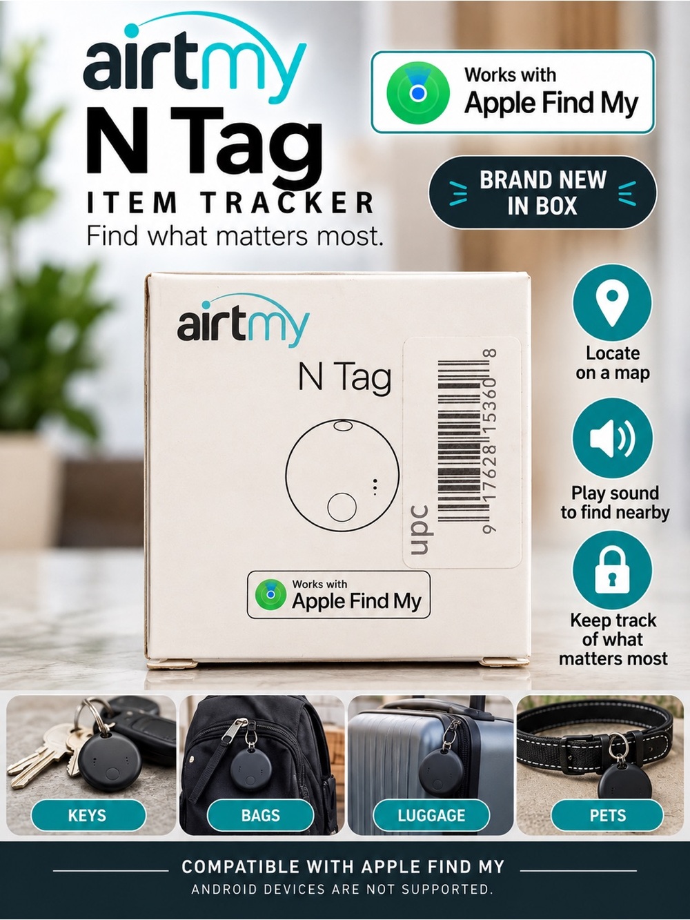 Bluetooth Item Tracker in Black works w/ Apple Find My - New in Box Air Tag